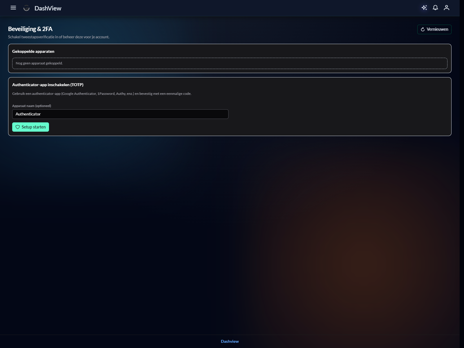 Beveiligingspagina met TOTP setup