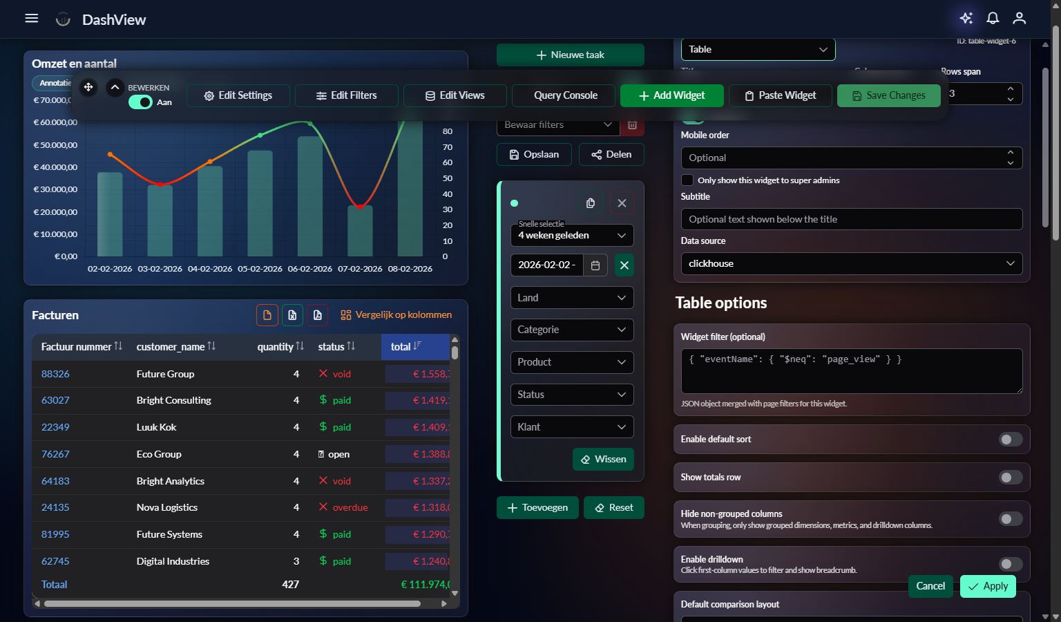 Table widget instellingen