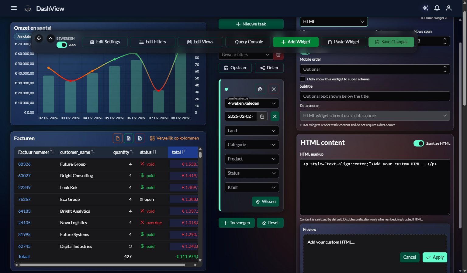HTML widget settings