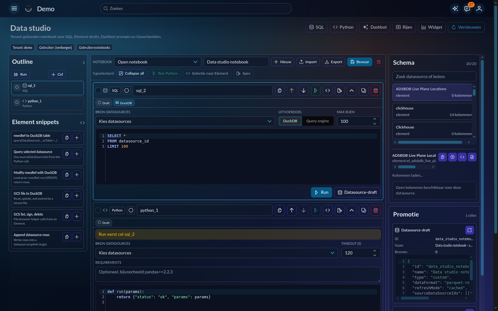 Data Studio notebook met SQL-, Python- en datasourcecellen