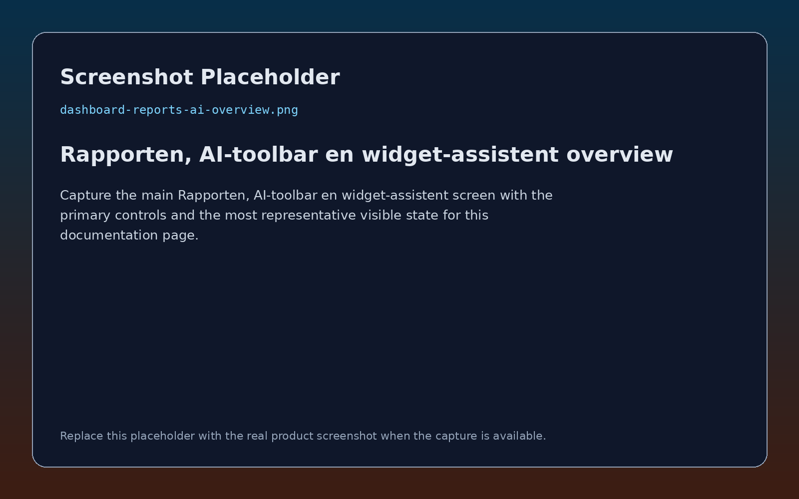 Rapporten, AI-toolbar en widget-assistent overzicht screenshot placeholder