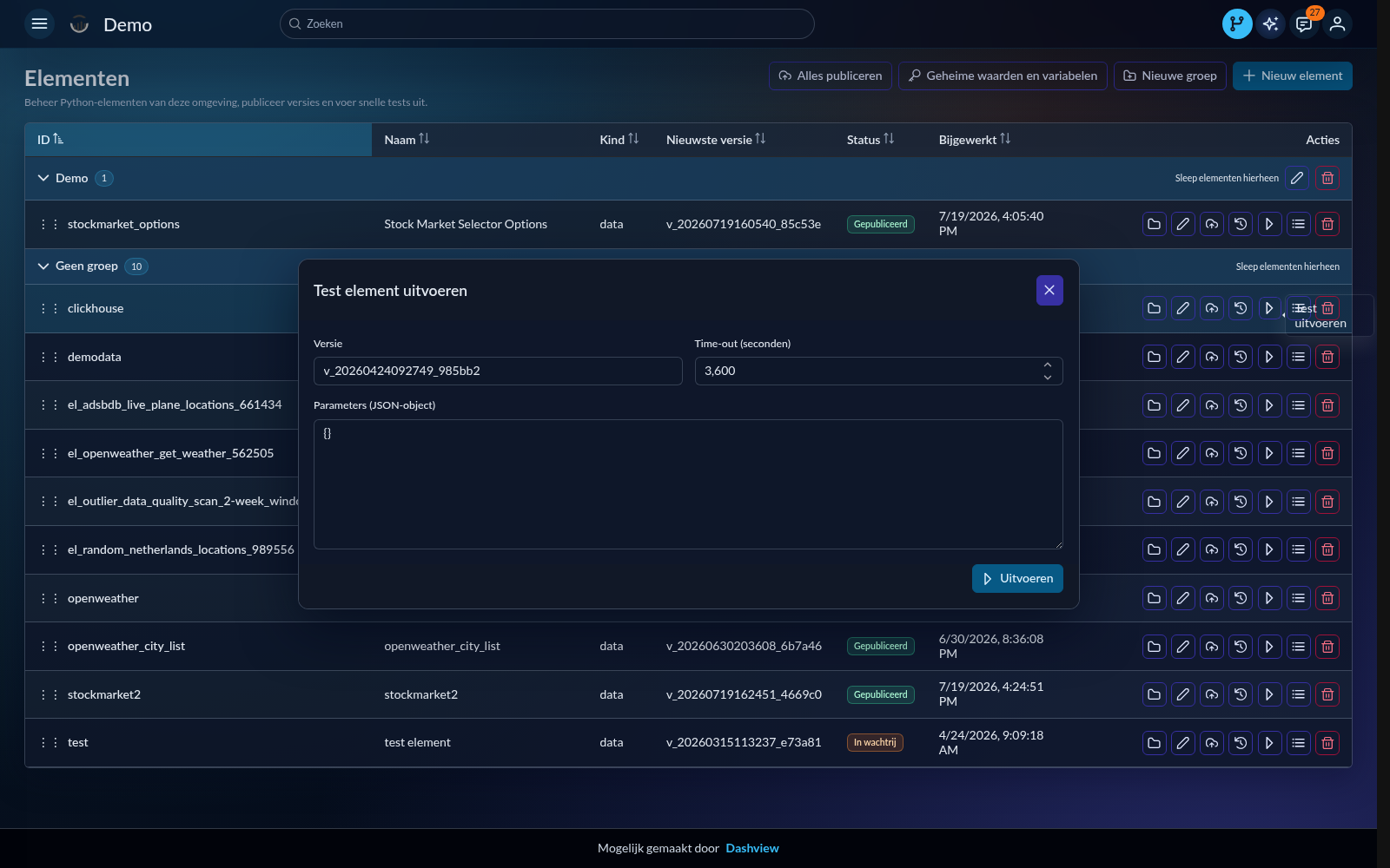 Element runtime testdialoog met parameters en uitvoer