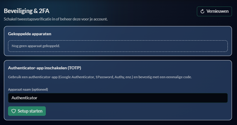 Beveiliging & 2FA overzicht screenshot placeholder